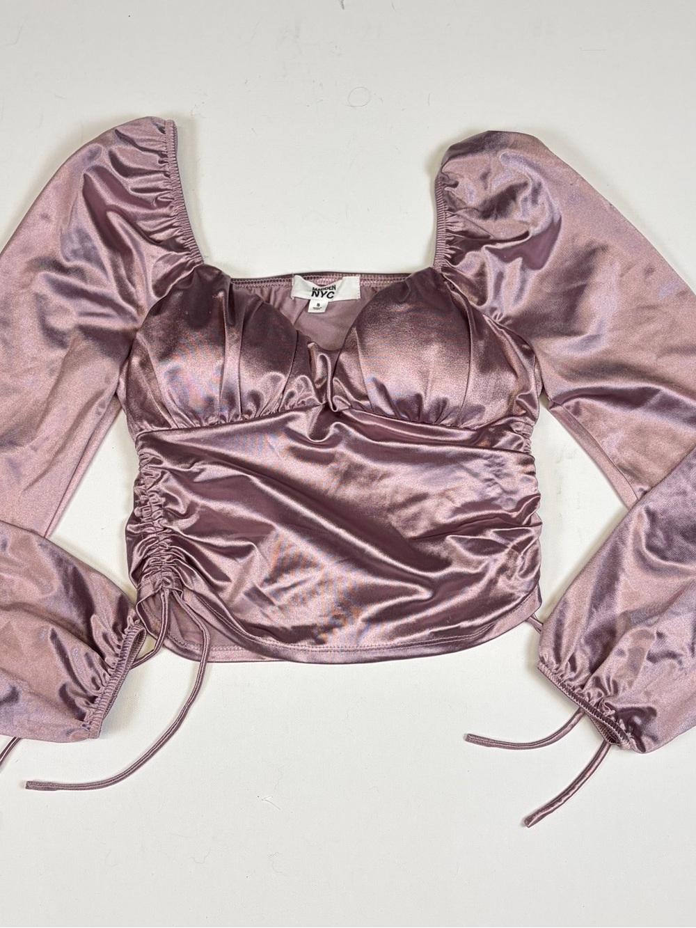 MADDEN NYC MAUVE SATIN RUCHED CORSET CROP TOP LONG SLEEVE SIZE SMALL